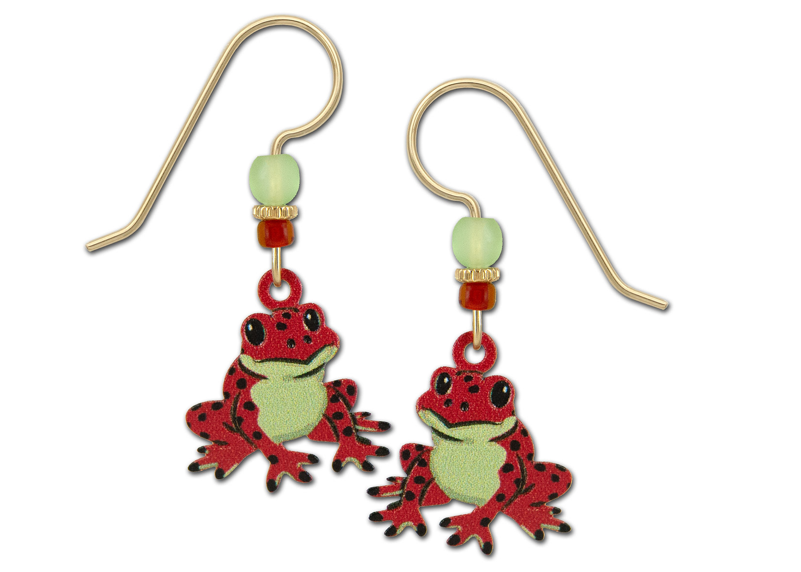red, green, and black frog earrings