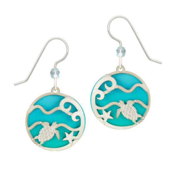 ocean theme earrings with sea turtles and starfish on blue and teal background
