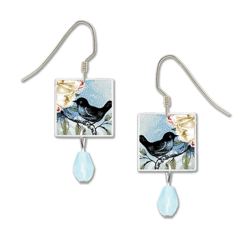 black bird on blue backgroud bird earrings