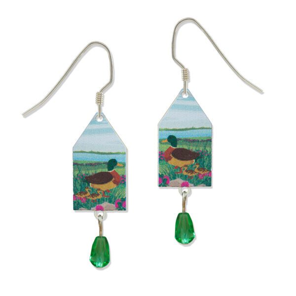 duck earrings with green bead drop