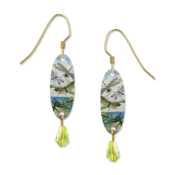long green dragonfly earrings with hypo-allergenic gold-fill ear-wires