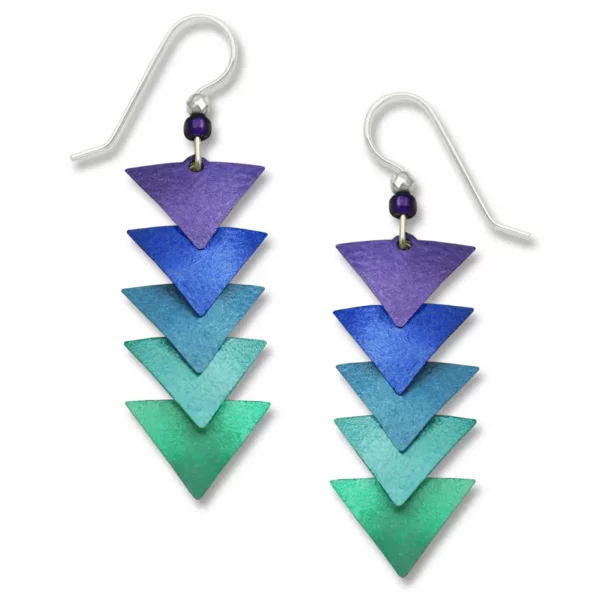 purple, blue, and teal triangular earrings