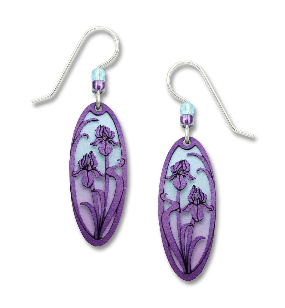 Adajio Earrings Purple Disc & Lavender Shield with Leaf Pattern Handmade in USA