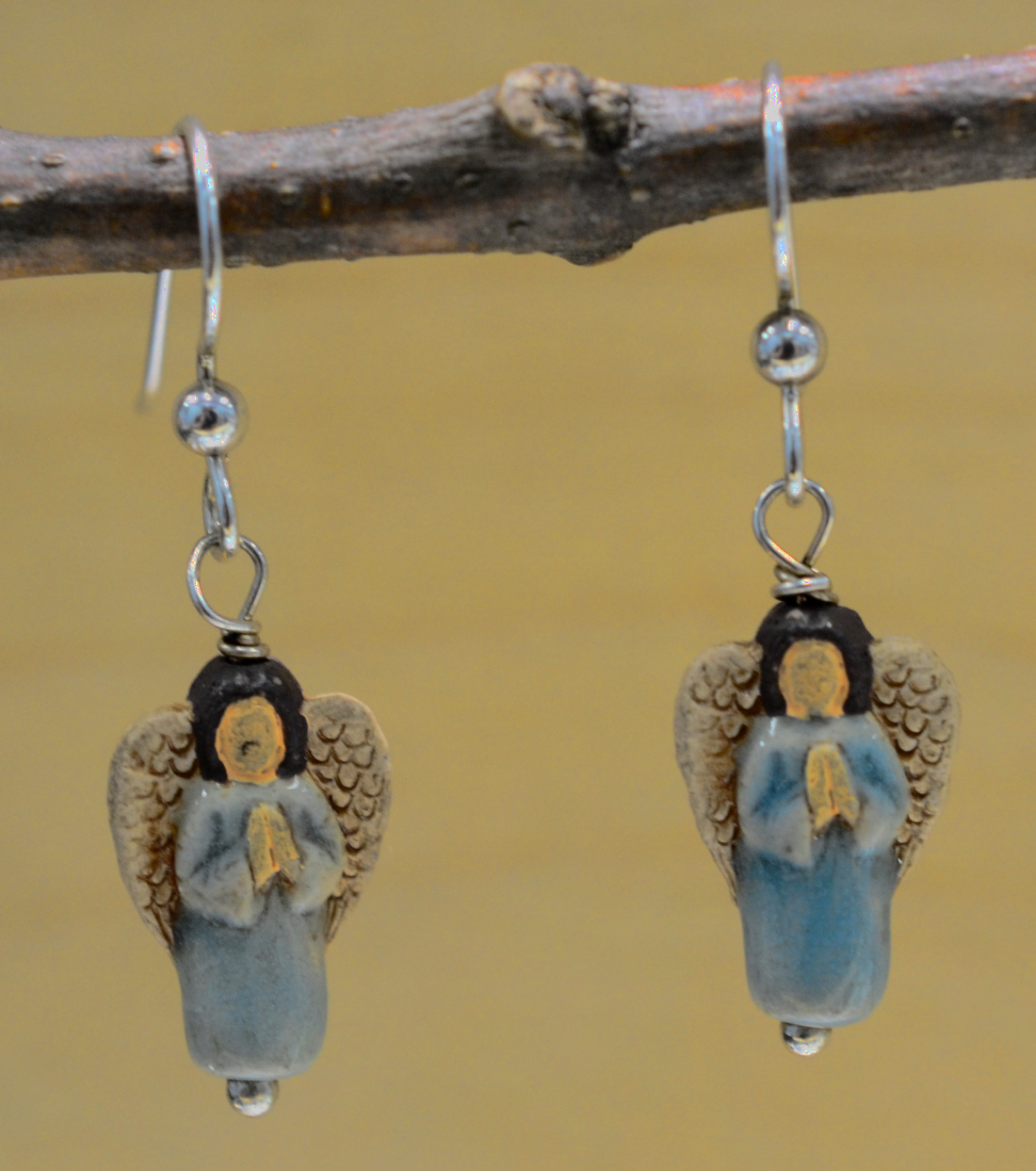 handmade light blue ceramic angel dangle earrings