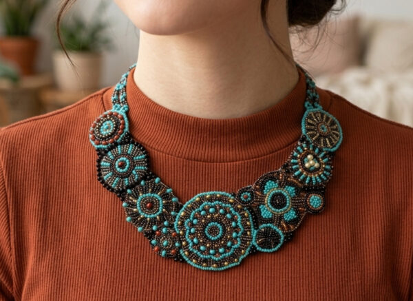 beaded blue statement necklace on model