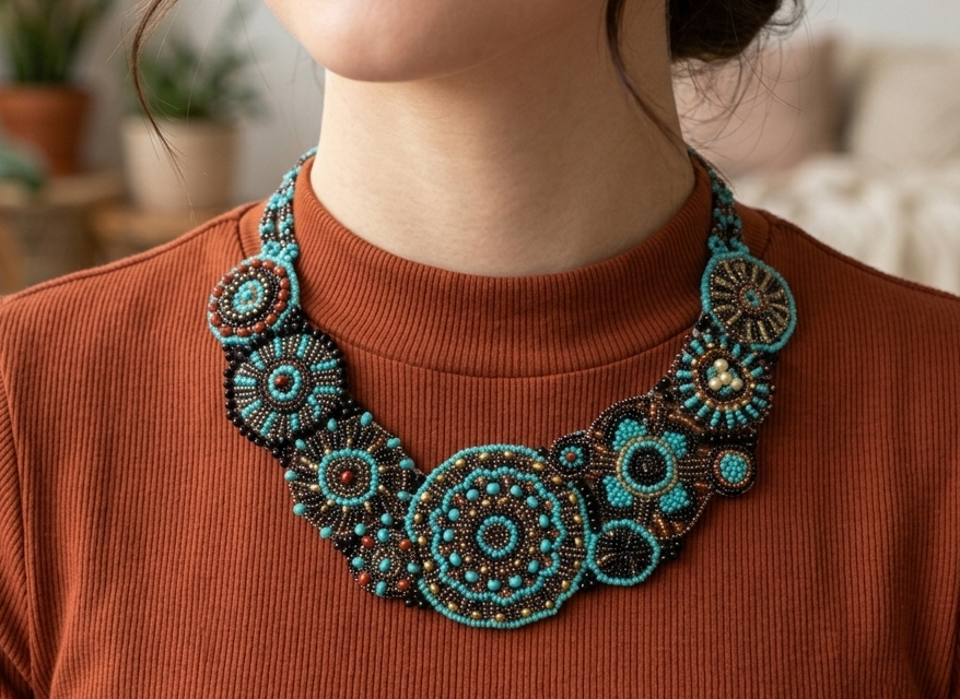 beaded blue statement necklace on model