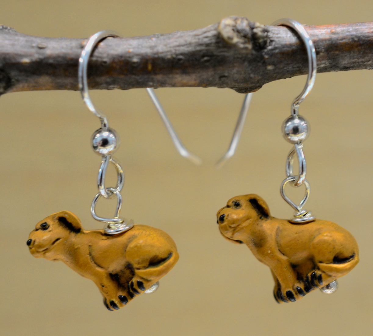 ceramic dog light brown and sterling silver dangle handmade animal earrings  – Jewelry by Glassando