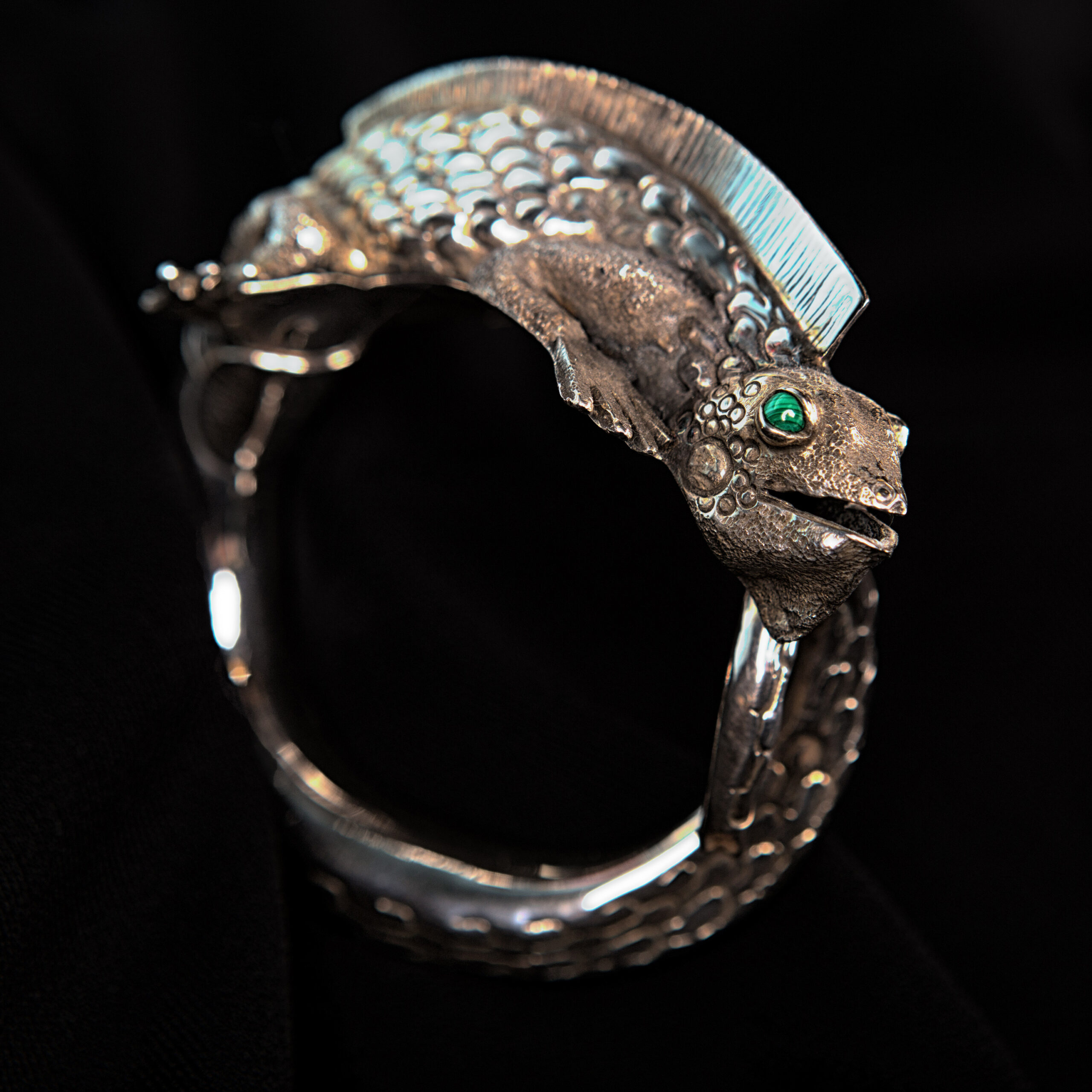 Handmade detailed sterling silver iguana cuff statement bracelet