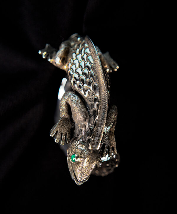 Handmade detailed sterling silver iguana cuff statement bracelet top view