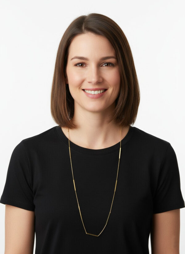gold-plated sterling silver long bar and chain necklace on dressform