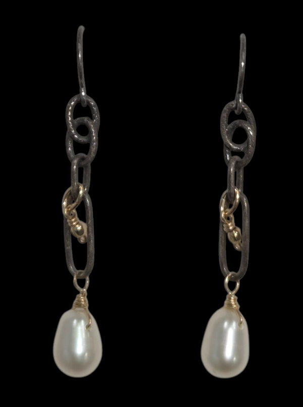 oxidized sterling silver and 14K gold-fill long pearl earrings