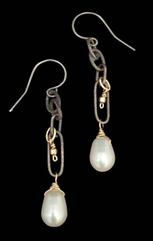 oxidized sterling silver and 14K gold-fill long pearl earrings