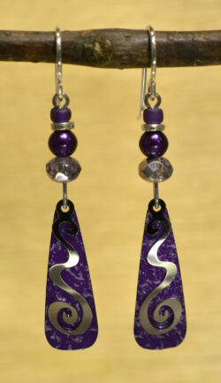 purple and silvertone swirl and bead design earrings
