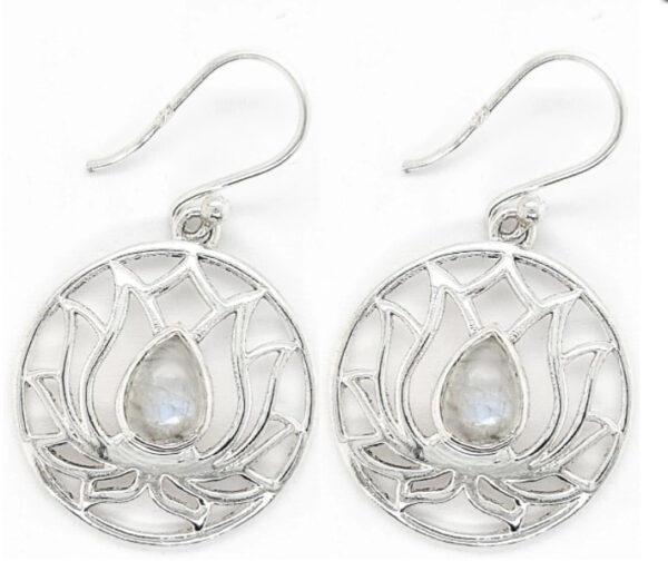 Rainbow Moonstone and sterling silver lotus flower earrings