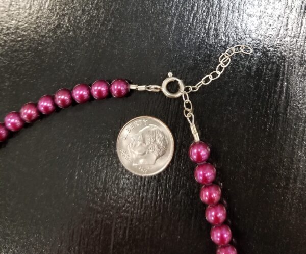 Magenta pearl necklace adjustable clasp with dime for scale