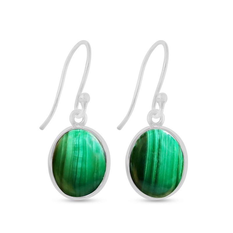 green malachite gemstone and sterling silver oval earrings