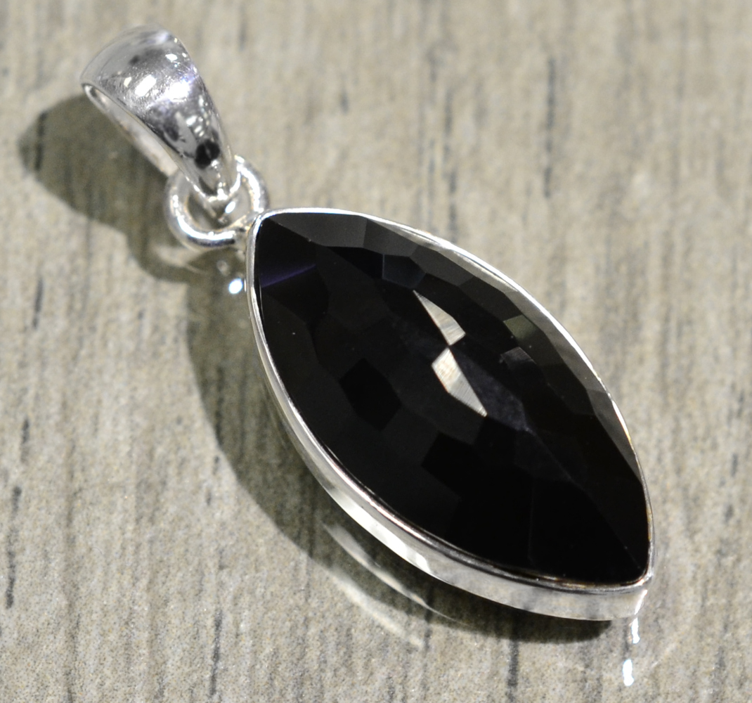 Genuine Black Onyx and Dangling Marquise on Hoop 925 Sterling Silver Pendant New 