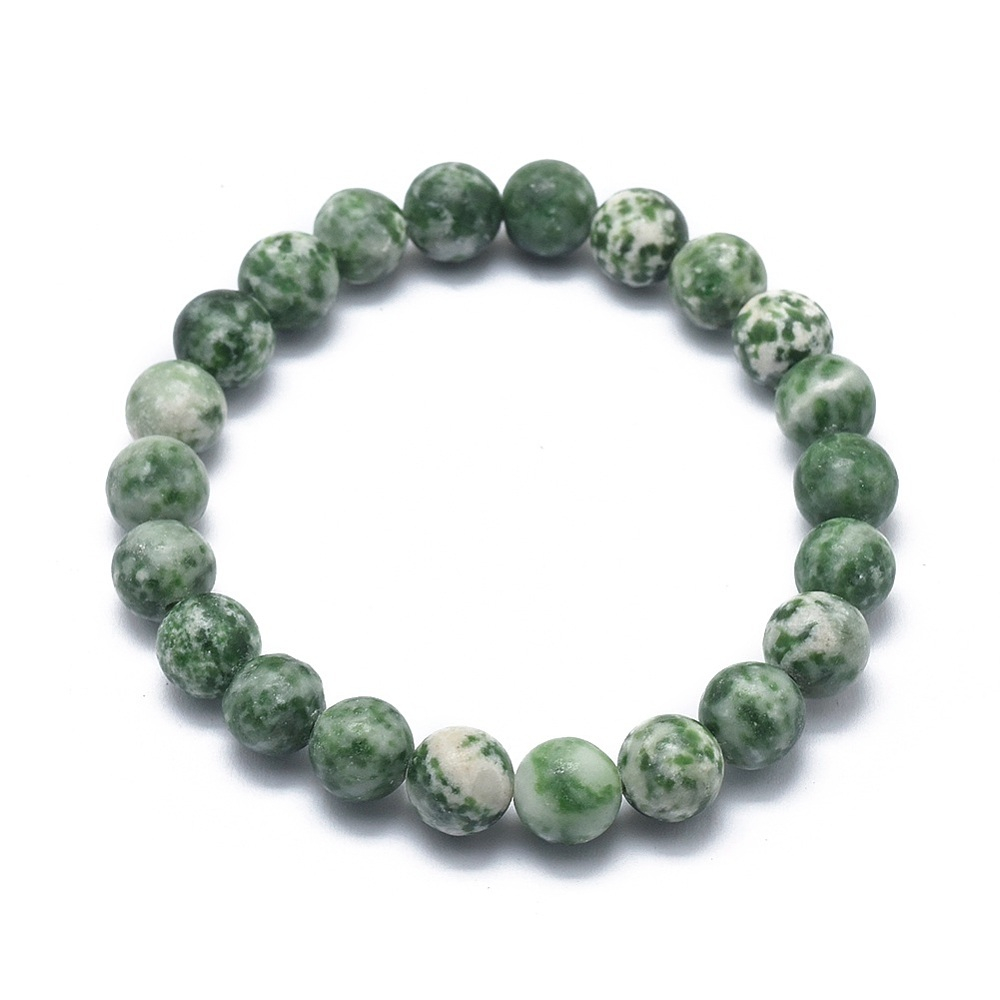close-up of matte green spotted jasper bracelet