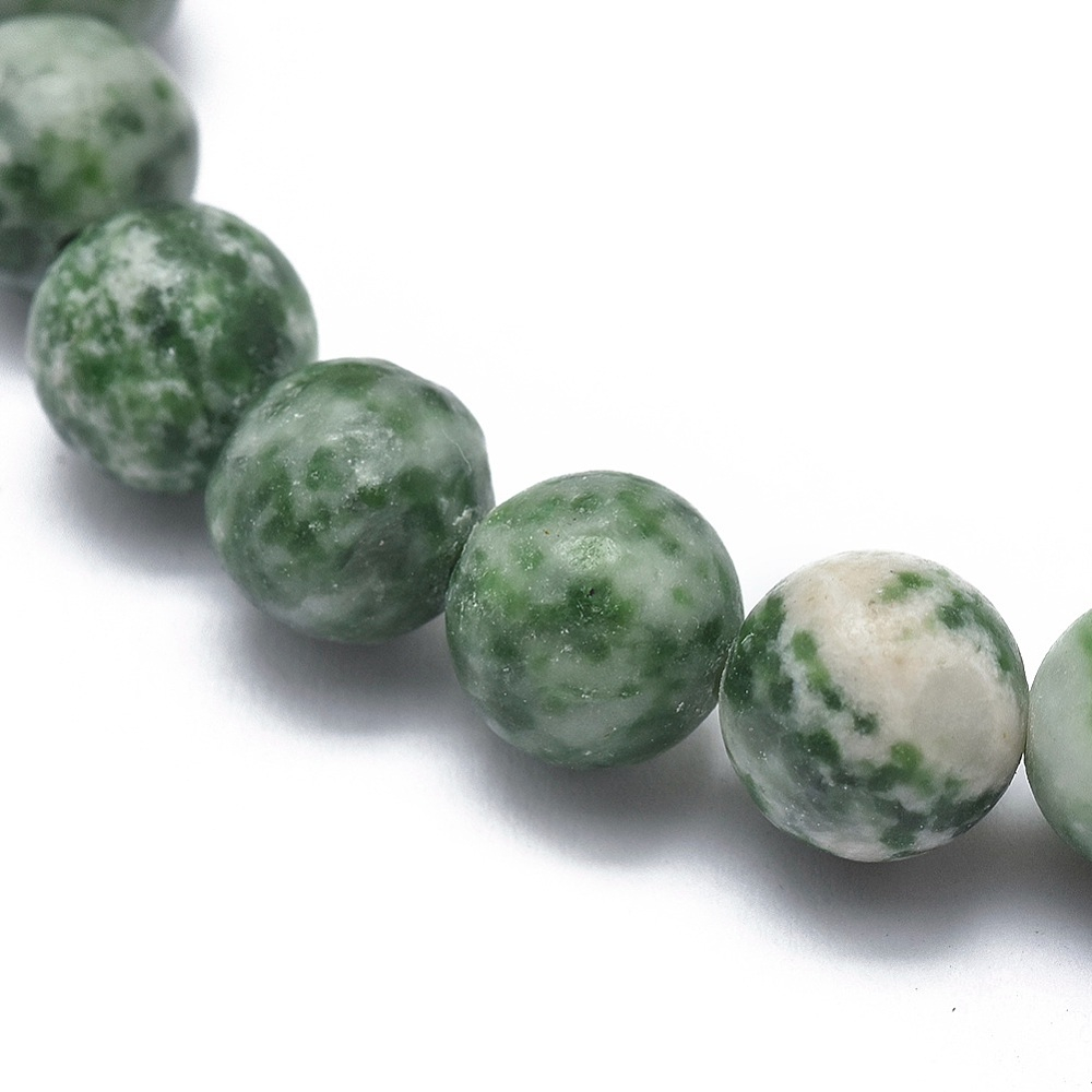 close-up of matte green spotted jasper bracelet