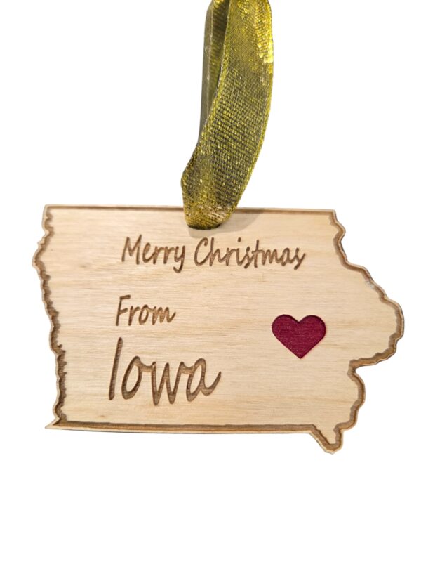 Close-up of wooden Merry Christmas from Iowa Ornament