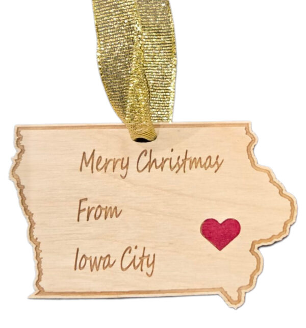 Merry Christmas from Iowa City ornament with red heart -close up