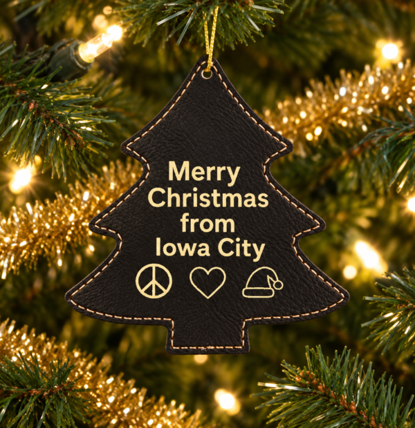 Merry Christmas from Iowa City Christmas Tree ornament on Chirstmas tree