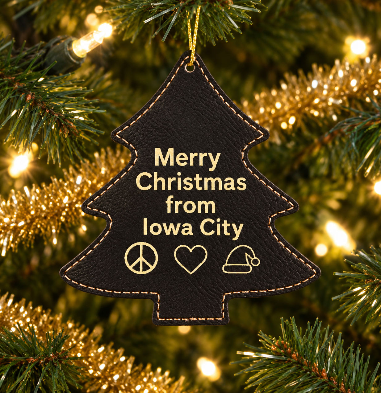 Merry Christmas from Iowa City Christmas Tree ornament on Chirstmas tree