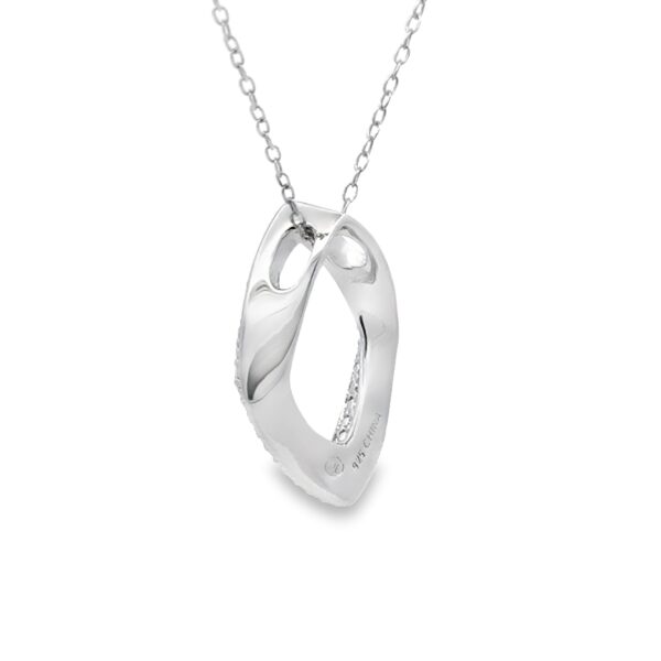 side and back view of modern sterling silver and diamond necklace