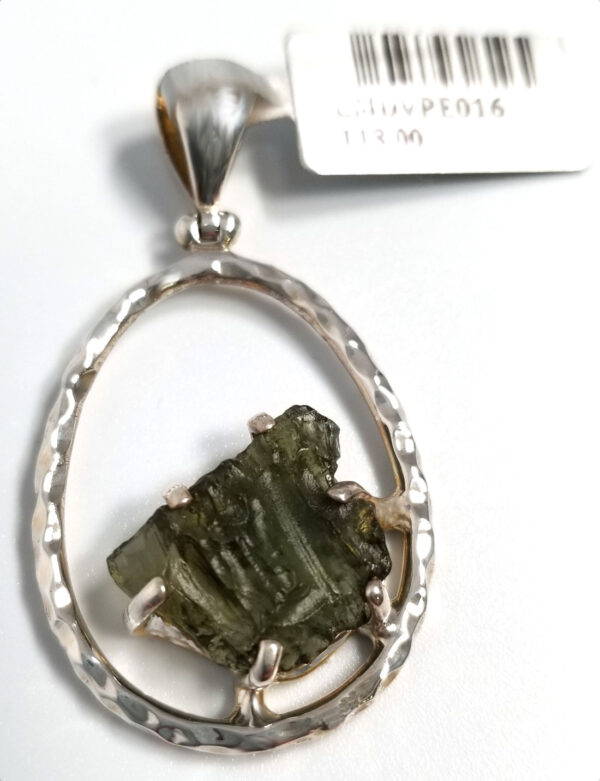 moldavite in hammered sterling silver oval pendant