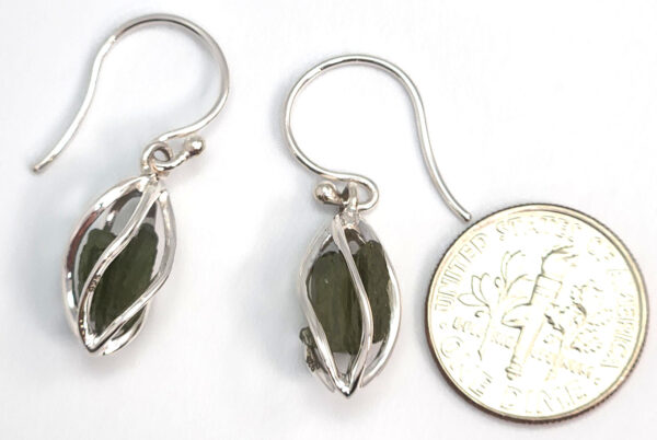 moldavite earrings with dime to help show scale