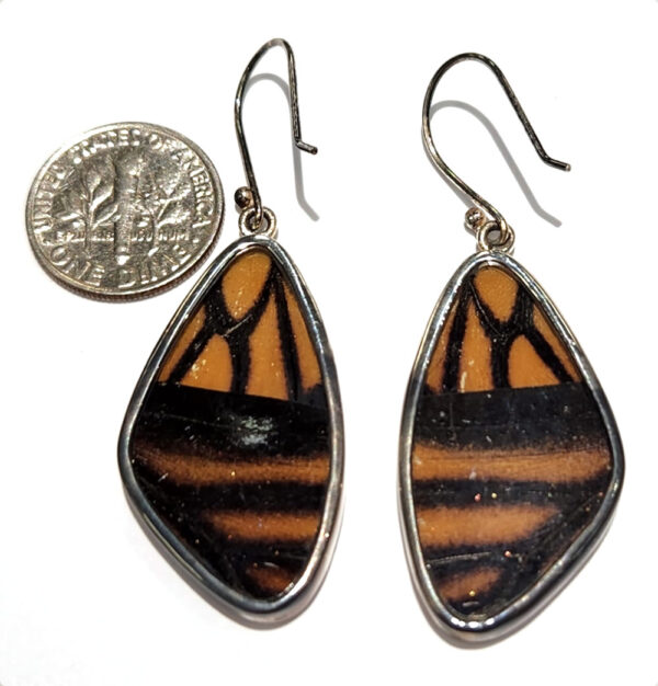 backside of monarch earrings with dime for size comparison