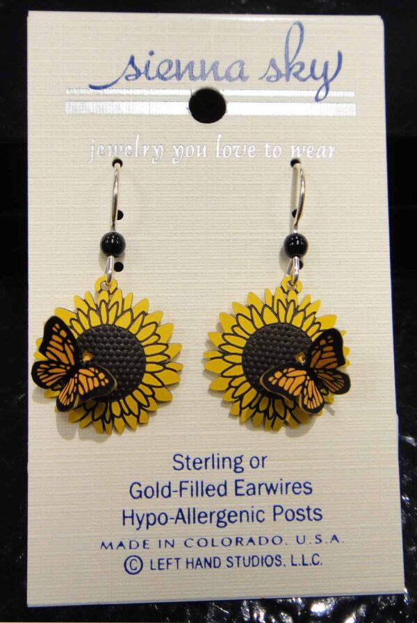 Sienna Sky earrings featuring 3D Monarch Butterfly on Sunflower