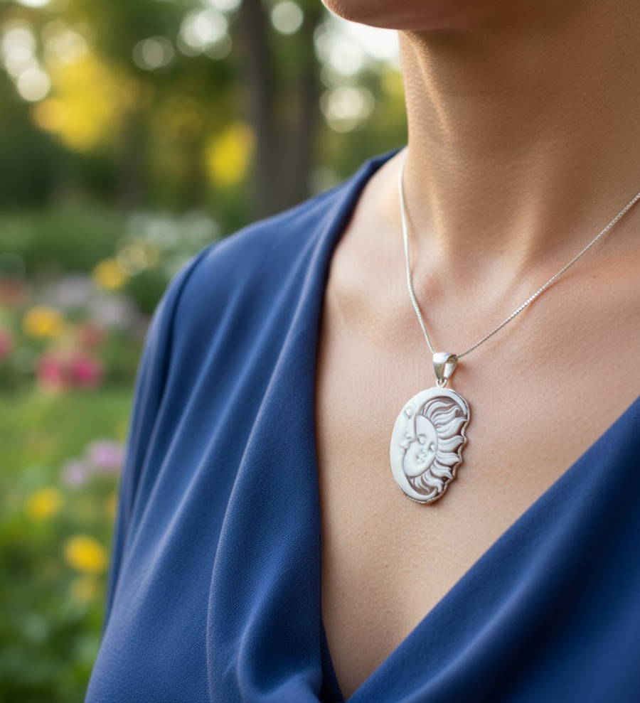 Moon and Sun Cameo necklace on woman