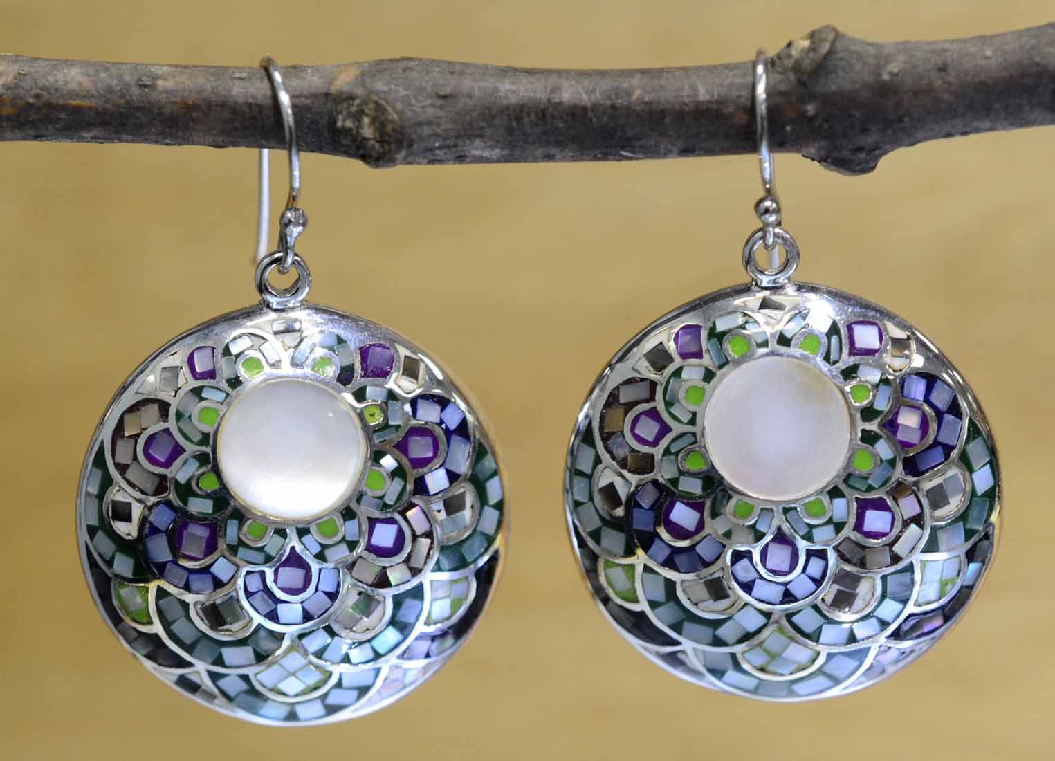 green, purple, blue, mosaic mother of pearl and sterling silver earrings