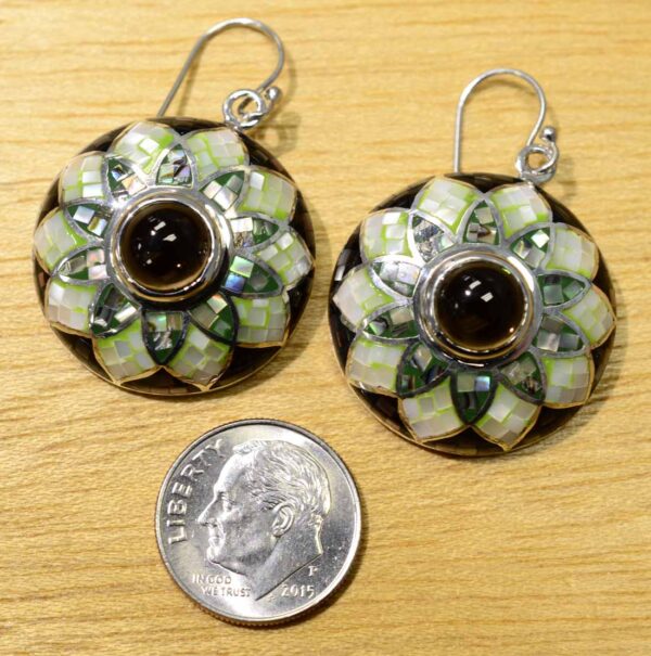 smokey quartz and mosaic mother of pearl earrings with dime for size