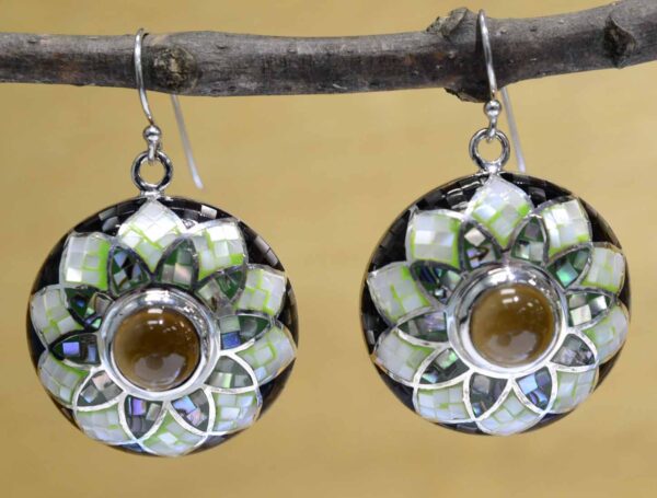 Smokey quartz, mosaic mother of pearl shell and sterling silver earrings
