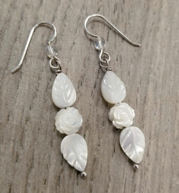 Mother of pearl rose with leaf long sterling silver earrings