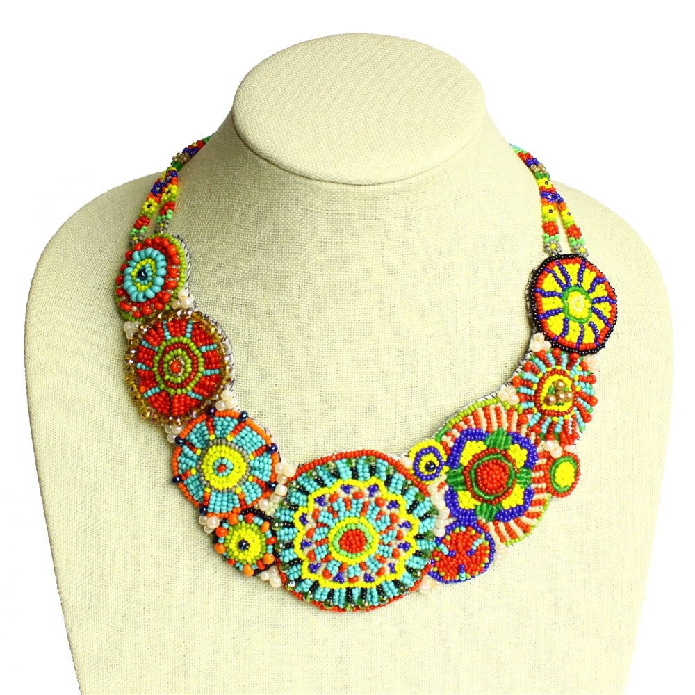handmade multicolored Czech glass beaded circle design statement necklace