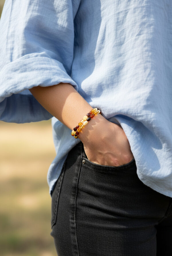 Multicolor amber bracelet on model
