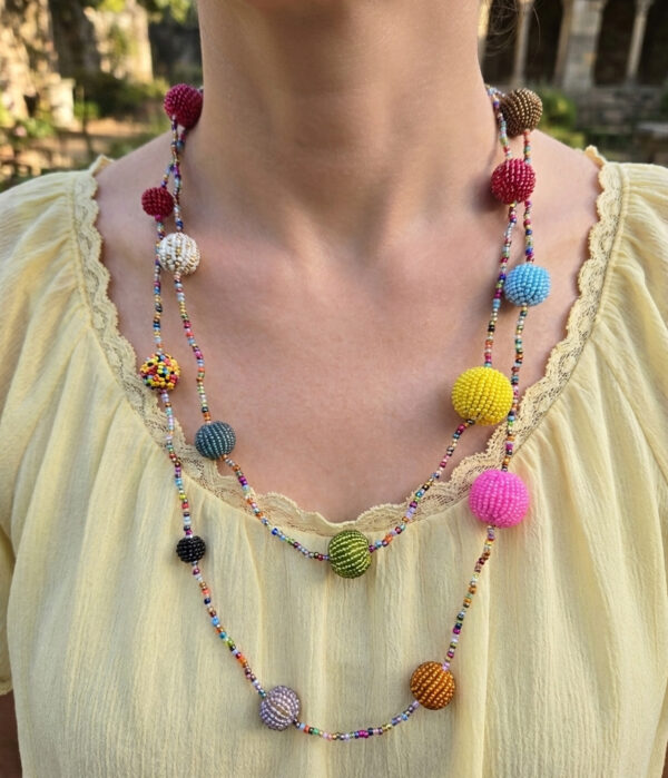 multicolor sphere necklace on model