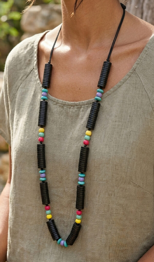 long bright color wood bead and repurposed button necklace