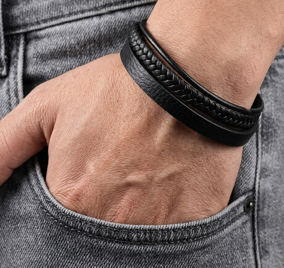multi-strand black leather unisex bracelet