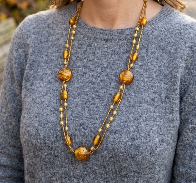 Murano glass long necklace on woman