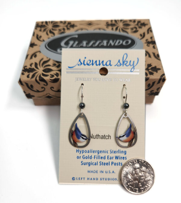 nuthatch earrings with dime for size comparison