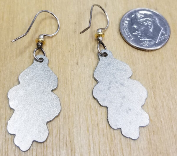 back of oak leaf earrings shown with dime for scale