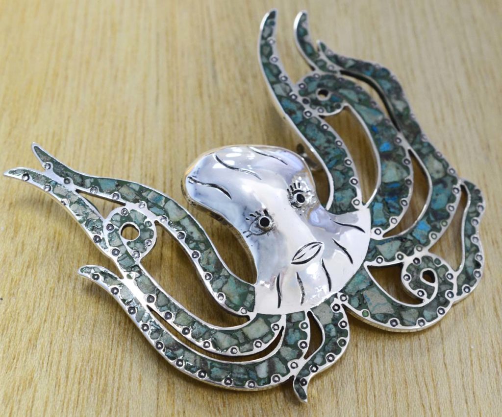 Handmade green turquoise, sterling silver OCTOPUS pendant Jewelry by