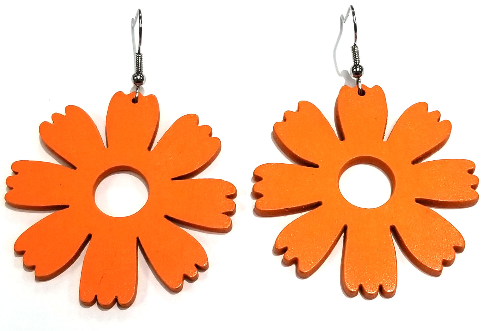 Large orange flower wooden earrings with stainless steel earwires