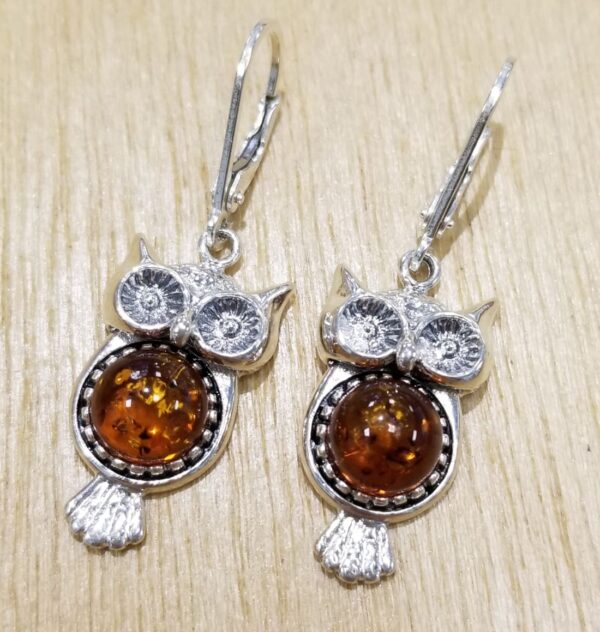 Baltic amber and sterling silver owl earrings