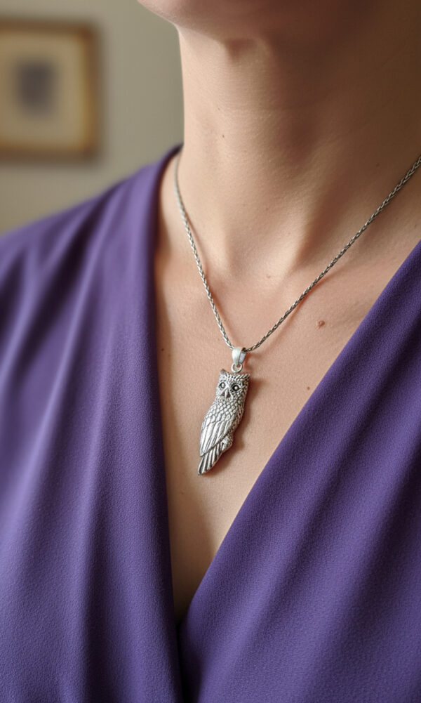sterling silver owl necklace on model