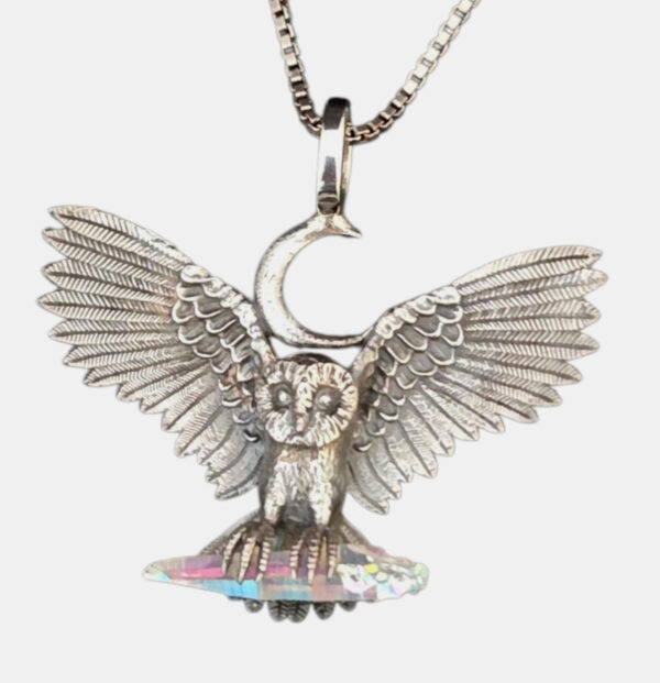 aqua aura crystal and owl with moon necklace